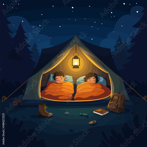 Couple Sleeping in Tent Under Starry Night Sky Camping Scene