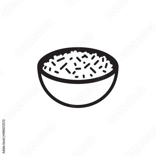 Bowl of rice with dark specks is shown in black outline