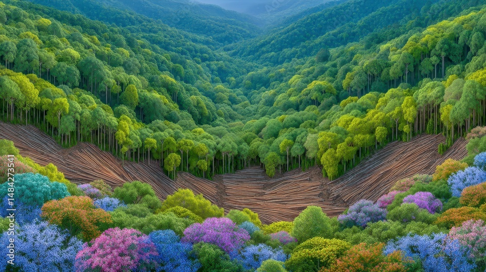 Deforestation Aerial View of Rainforest Logging and Colorful Flora