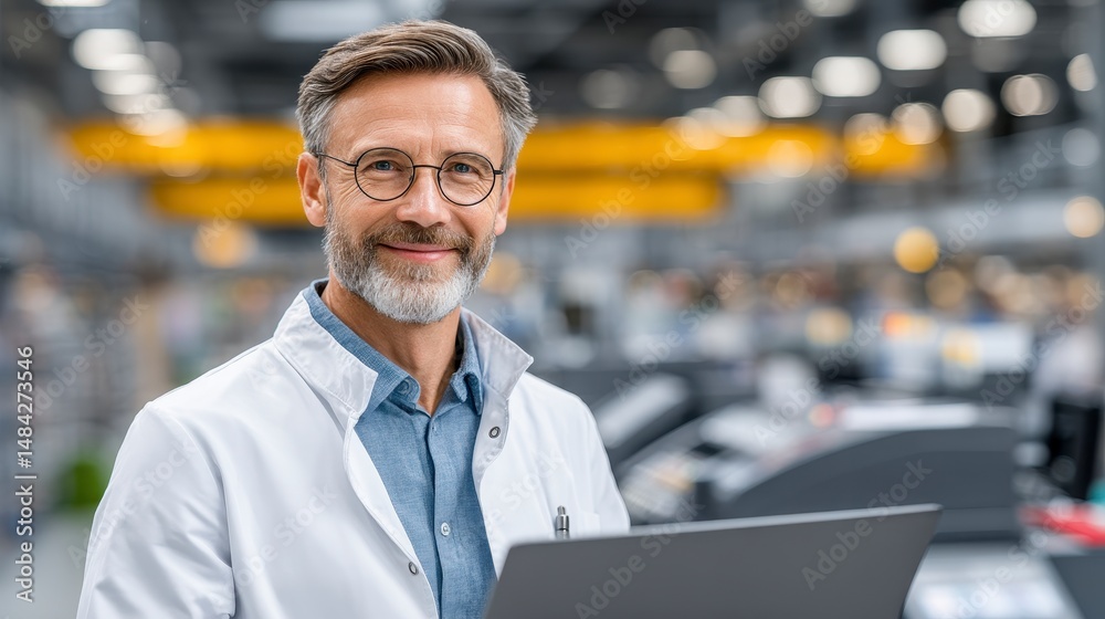 Confident Male Scientist in Lab Coat Using Laptop