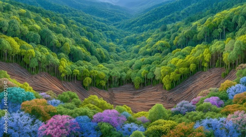 Deforestation  Aerial View of Rainforest Logging and Colorful Flora