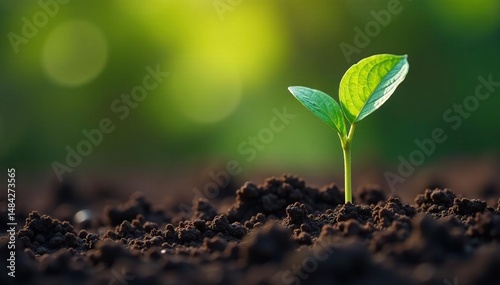 A vibrant green plant sprout emerges from rich soil, showcasing early growth , growth, texture, flora