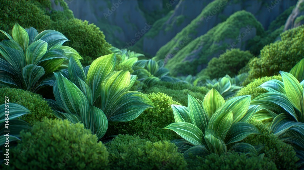 Lush Green Foliage Tropical Plants Mossy Landscape Nature Background Spring Greenery