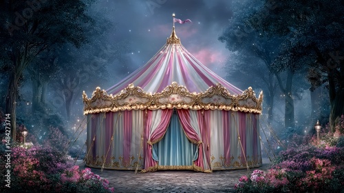 Obraz na płótnie Enchanting Pink White Circus Tent in a Magical Forest w salonie