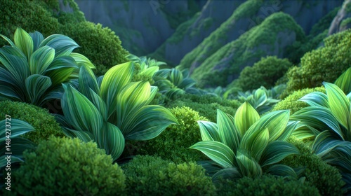 Obraz na płótnie Lush Green Foliage Tropical Plants Mossy Landscape Nature Background Spring Greenery w salonie