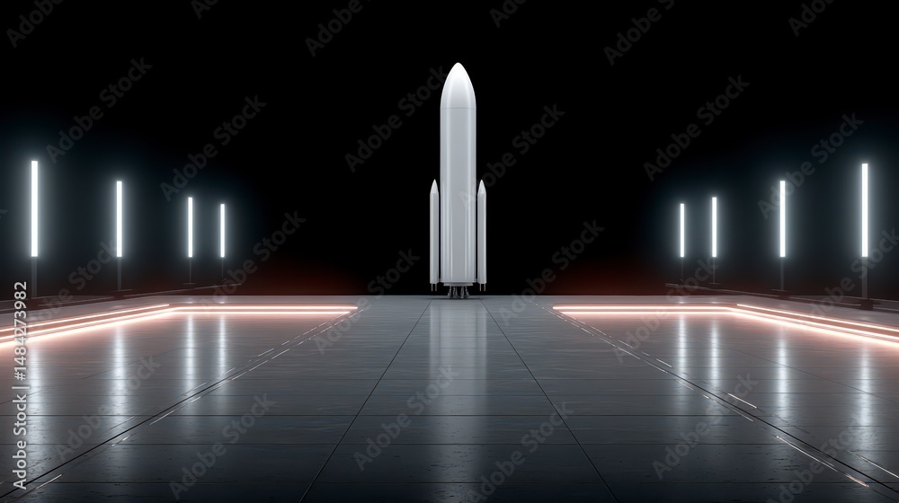 Futuristic Rocket Launchpad Spacecraft Neon Lights Sci Fi Concept