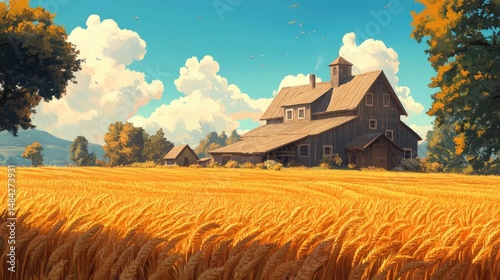 A farmhouse with a large barn, surrounded by golden wheat fields --ar 16:9 --v 6.1 Job ID: bbd2caf0-1cc1-4748-b49c-a923232f833f