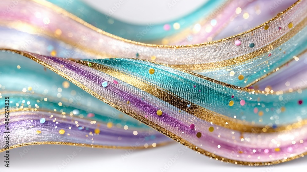 Festive Glitter Ribbon Swirl Pastel Rainbow Gold Confetti Background