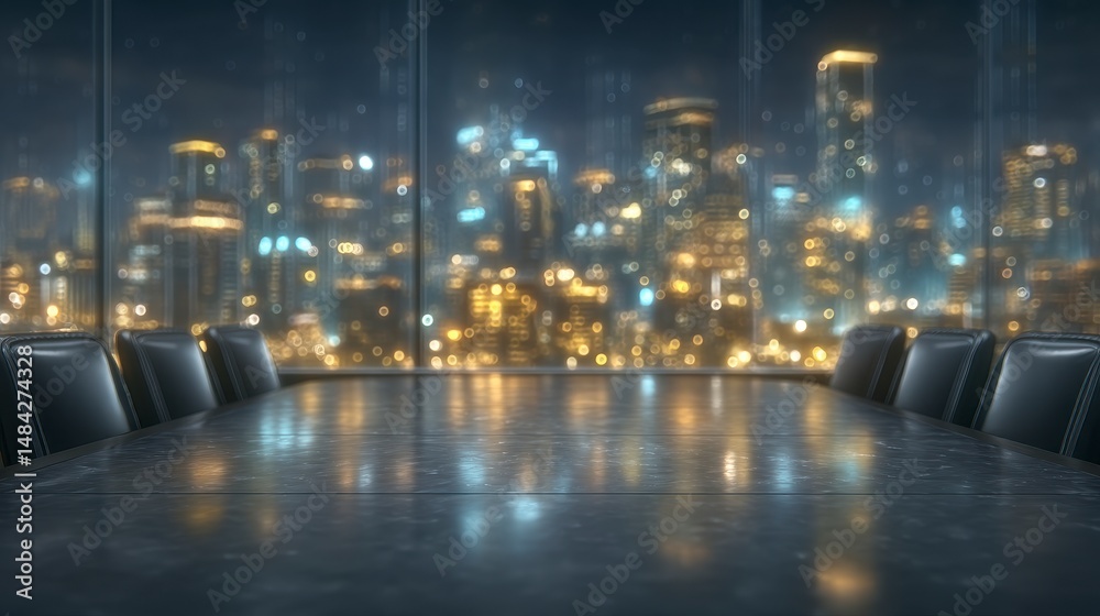 Night Cityscape View from Modern Conference Room Table