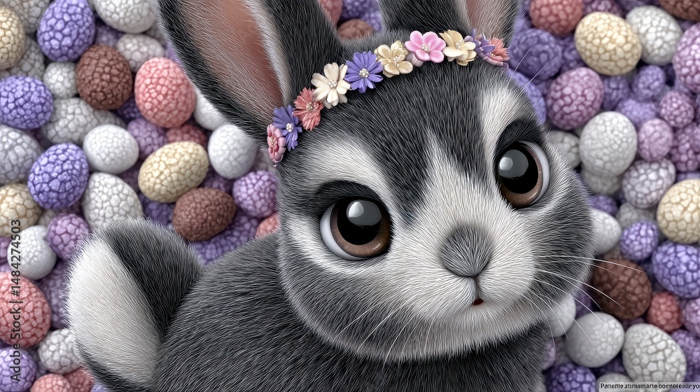 Cute Easter Bunny with Flower Crown Amidst Colorful Eggs