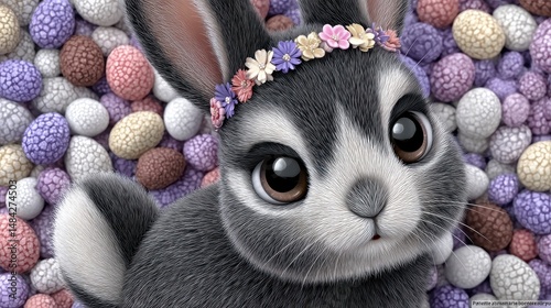 Obraz na płótnie Cute Easter Bunny with Flower Crown Amidst Colorful Eggs w salonie