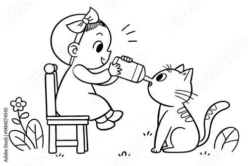 Baby girl feeding milk to cat coloring page clipart cartoon character. Children day vector illustration