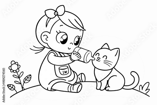 Baby girl feeding milk to cat coloring page clipart cartoon character. Children day vector illustration