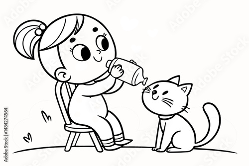 Baby girl feeding milk to cat coloring page clipart cartoon character. Children day vector illustration