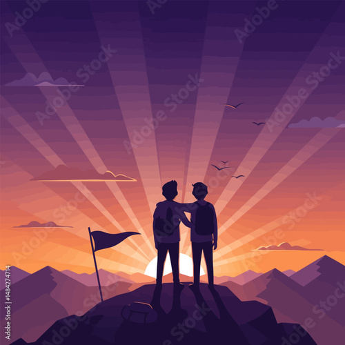 Hiking Friends Watching Sunset Together on Mountain Peak Illustration