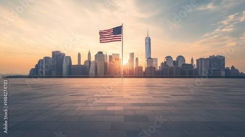 A vacant plaza featuring the American flag and a city skyline during sunset in New York City.
