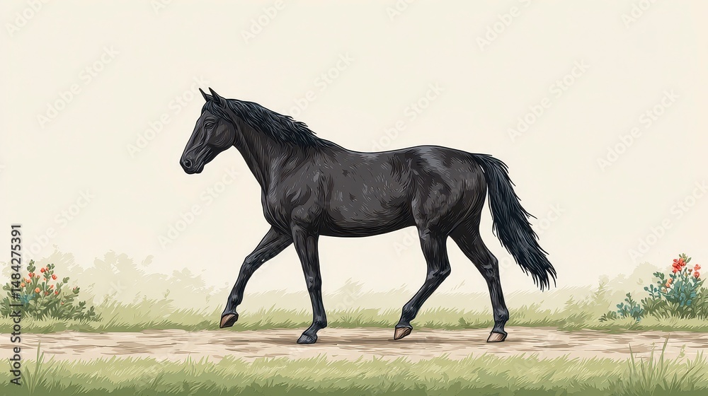 Majestic Black Horse Walking on Country Path Equestrian Art Vintage Style Illustration