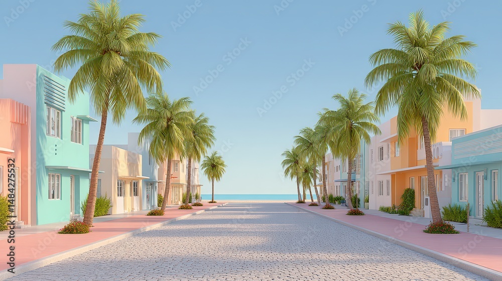 Pastel Miami Beach Street Oceanfront Art Deco Buildings Palm Trees Sunny Day