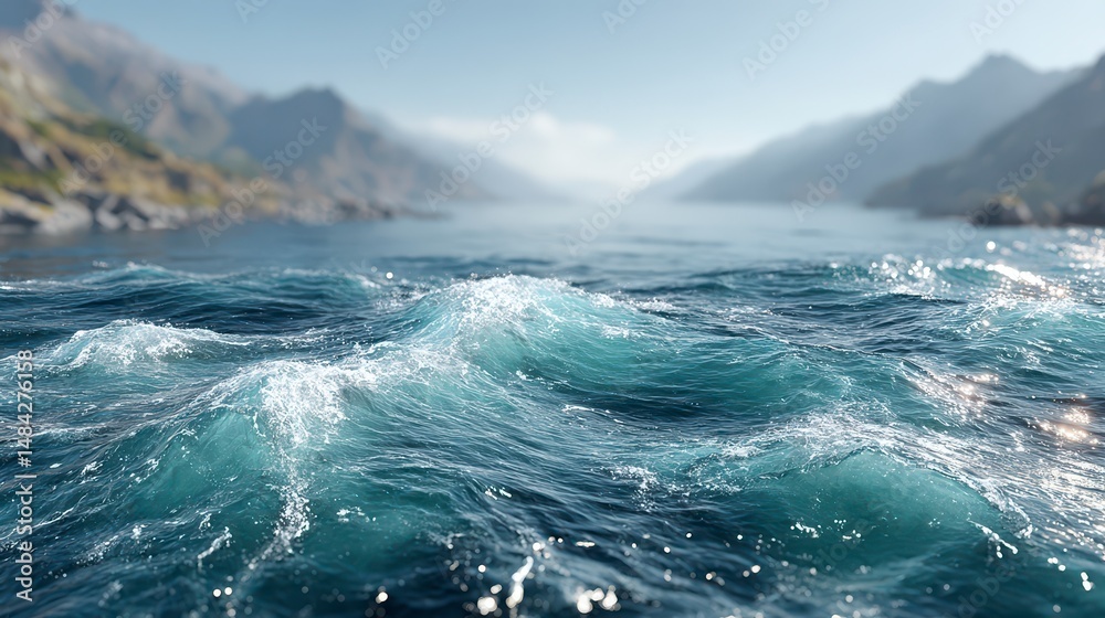Serene Ocean Waves Coastal Landscape Blue Water Texture Calm Sea Mountain View
