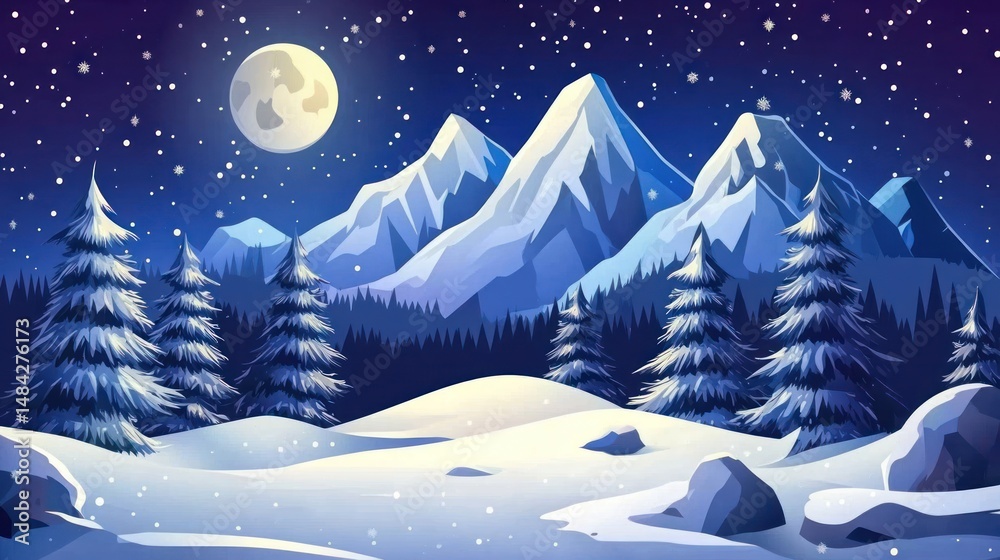 Naklejka premium Snowy mountain landscape at night