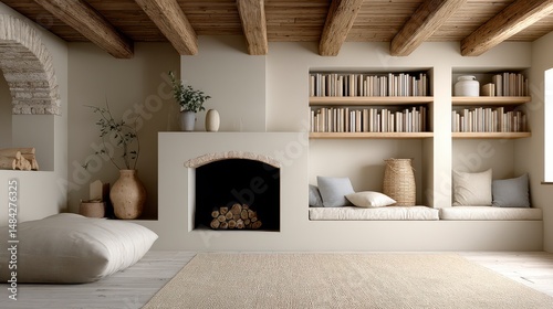 Obraz na płótnie Cozy Farmhouse Living Room Fireplace Bookshelves Neutral Decor w salonie