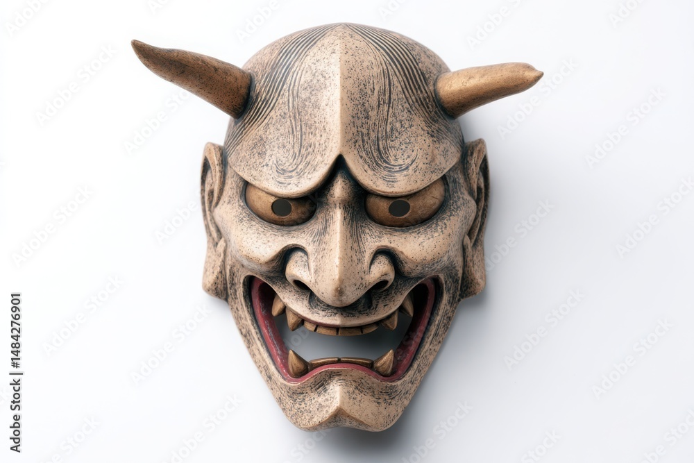 Naklejka premium Japanese Oni Mask Photography: Traditional Demon Mask with Horns on White Background