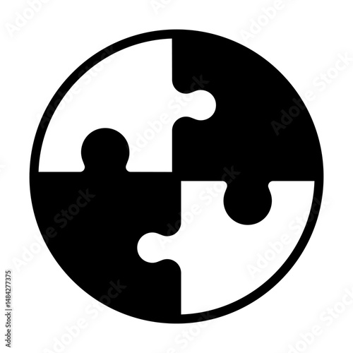 Four unfinished puzzle pieces. Jigsaw challenge, circle shaped. Join together. Strategy game. Connect the parts isolated outline vector illustration. Monochromatic dot illustration