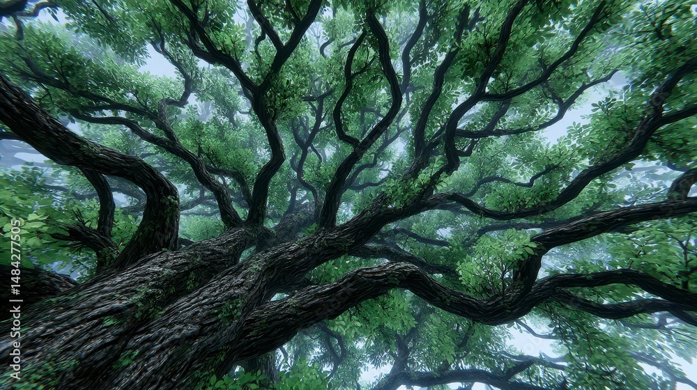 Majestic Ancient Oak Tree Canopy Lush Green Foliage Foggy Forest Nature Scene