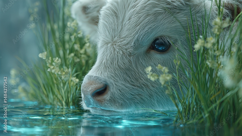 Adorable White Calf Drinking Water Peaceful Nature Scene Farm Animal Rural Idyll