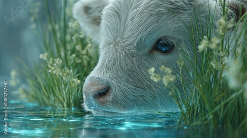 Obraz na płótnie Adorable White Calf Drinking Water Peaceful Nature Scene Farm Animal Rural Idyll w salonie