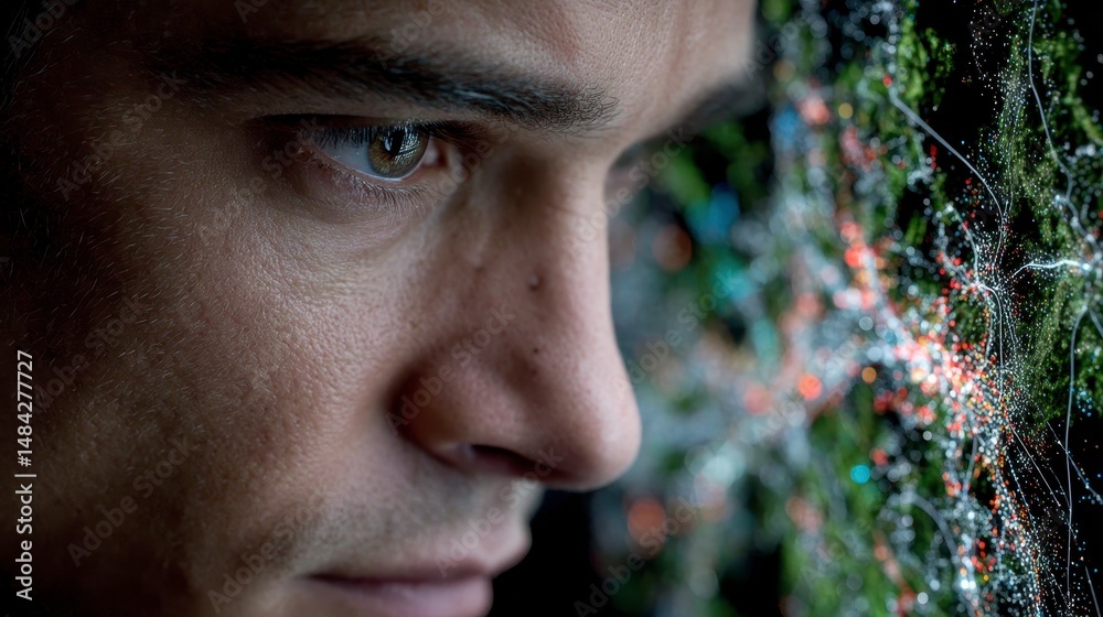 Focused Man Analyzing Data Network Digital Technology AI Interface Closeup