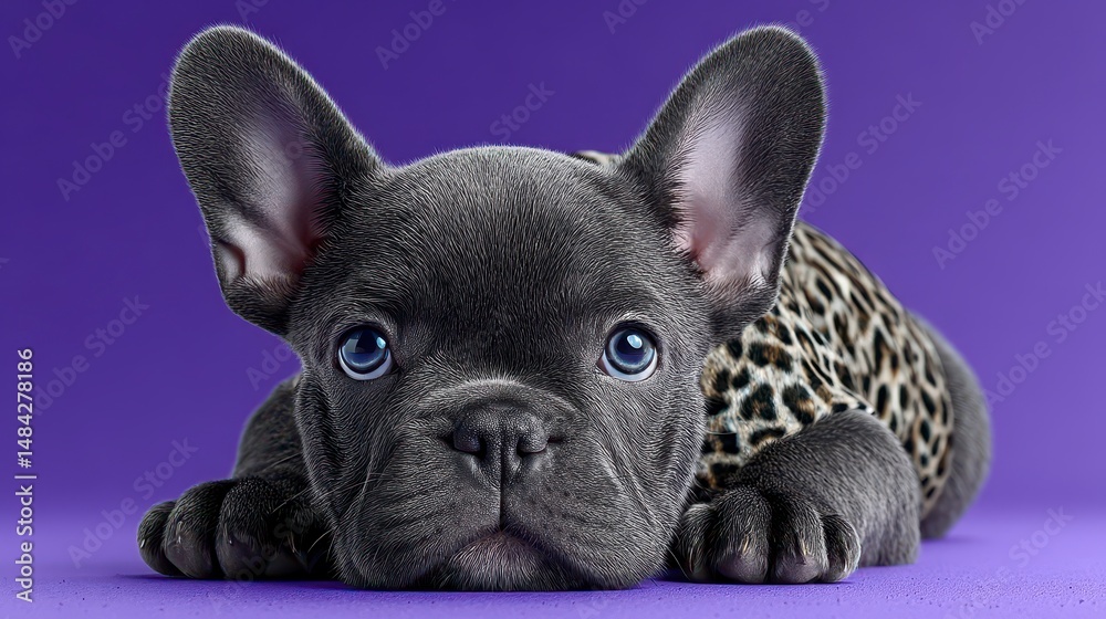 Adorable French Bulldog Puppy in Leopard Print Outfit Studio Shot