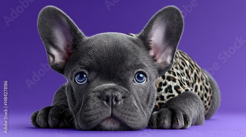 Obraz na płótnie Adorable French Bulldog Puppy in Leopard Print Outfit Studio Shot w salonie