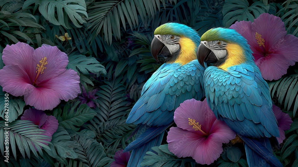 Tropical Paradise Two Macaws Amidst Lush Hibiscus and Palm