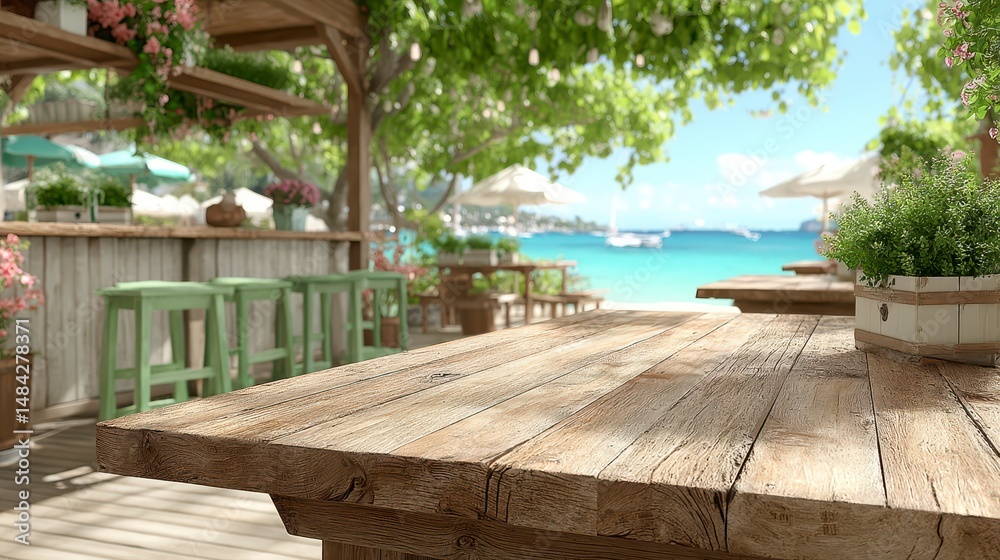 Beach Cafe Wooden Table Summer Ocean View Background