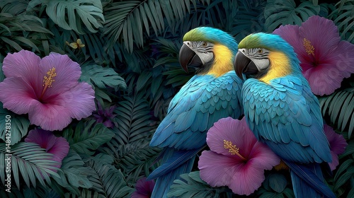 Obraz na płótnie Tropical Paradise Two Macaws Amidst Lush Hibiscus and Palm w salonie