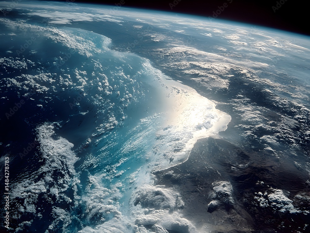 Fototapeta premium A breathtaking satellite view showcases Earth's stunning coastal landscape with a bright sunlit area reflecting off the ocean and clouds.