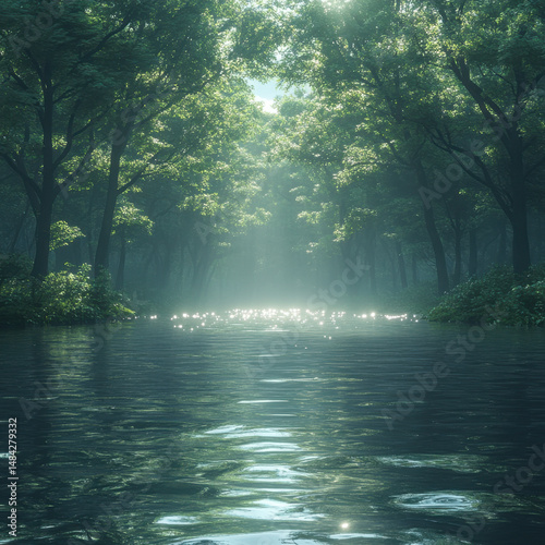 Trees reflected on serene river water.