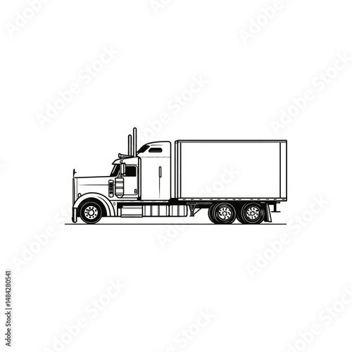Classic eighteenwheeler semitruck with a box trailer depicted in a clean black outline