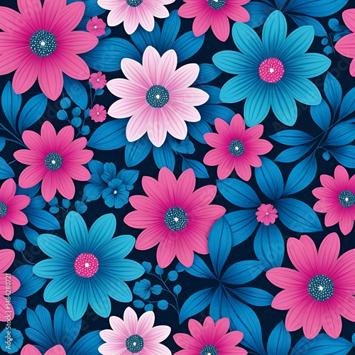 Bright decorative floral abstract background of blue and pink flowers, design element