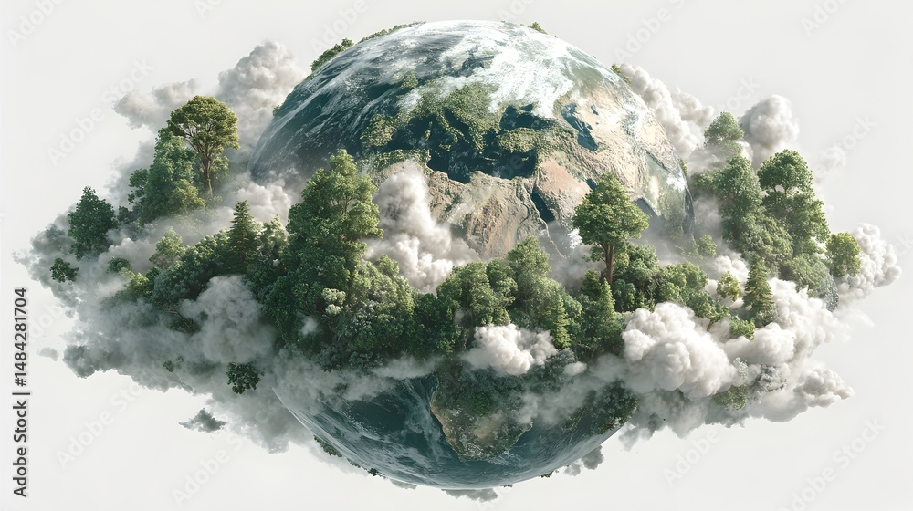Obraz premium A lush green forest envelops a realistic Earth globe floating amidst fluffy white clouds in a serene digital artwork.