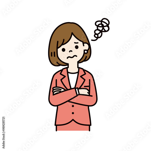 うつむいて困惑する、若い女性会社員のベクターイラスト素材＿線幅の編集可能＿カラー