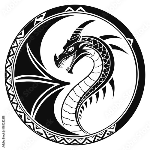 a-stylized-silhouette-of-a-snake-and-dragon-facing.eps