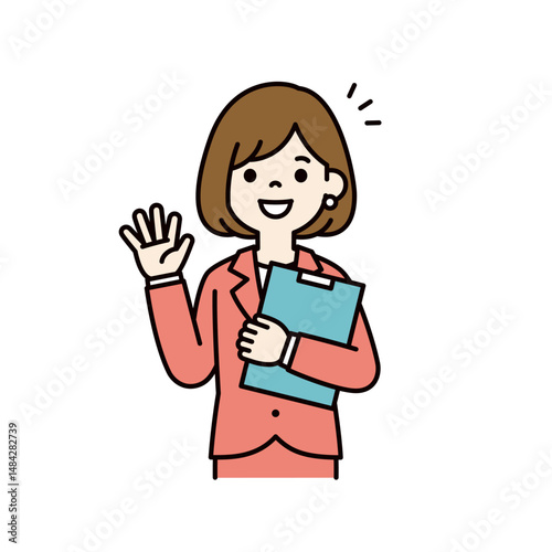 手を振って挨拶する、若い女性会社員のベクターイラスト素材＿線幅の編集可能＿カラー
