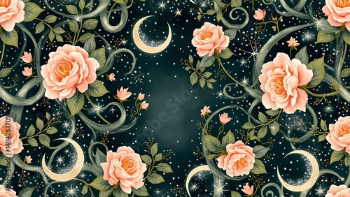 Seamless dark floral wallpaper with crescent moons and glowing stars.