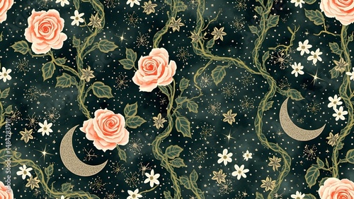 Celestial wallpaper featuring roses, crescent moons, and golden stars on green night background.