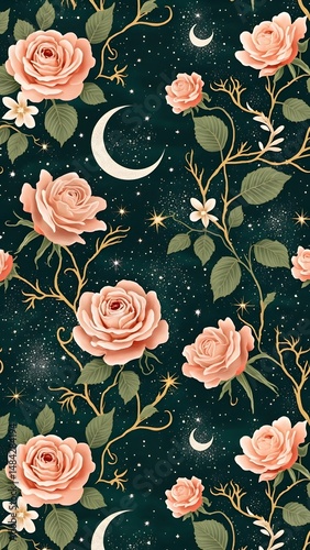 Seamless floral wallpaper with crescent moons and pink roses on night sky background.