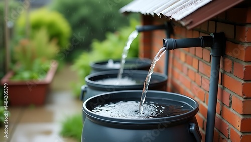 Rainwater harvesting system collecting water in barrels during a downpour for garden use