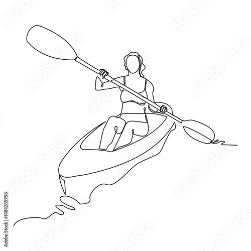 Continuous line drawing art of woman rowing canoe. Vector illustration single one sketch editable stroke of sport woman paddle kayak