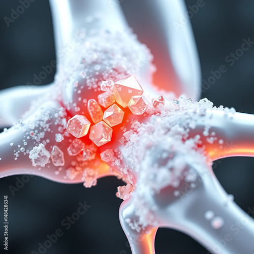 3D illustration of uric acid crystals causing gout Close-up 3D illustration of uric acid crystals forming in joints, causing gout, a painful inflammatory arthritis condition